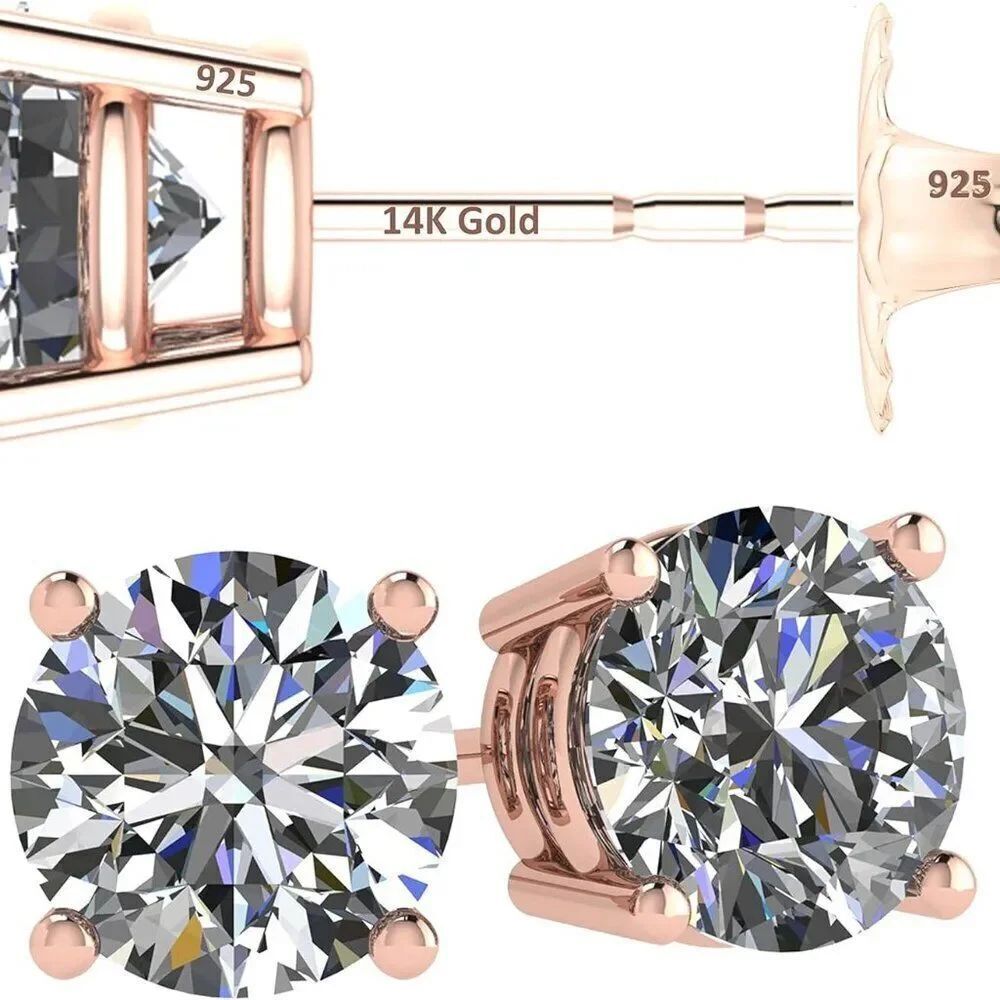 14K Gold Over Sterling Rose Gold CZ Stud Earrings - Sparkling White Stones - Picture 3 of 6